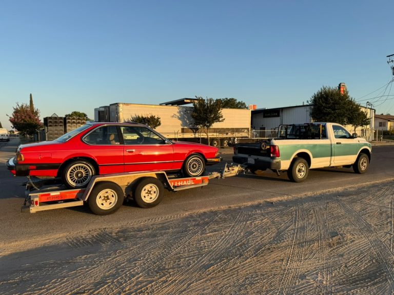 1982 BMW 633 CSi in Henna Red on the trailer in California