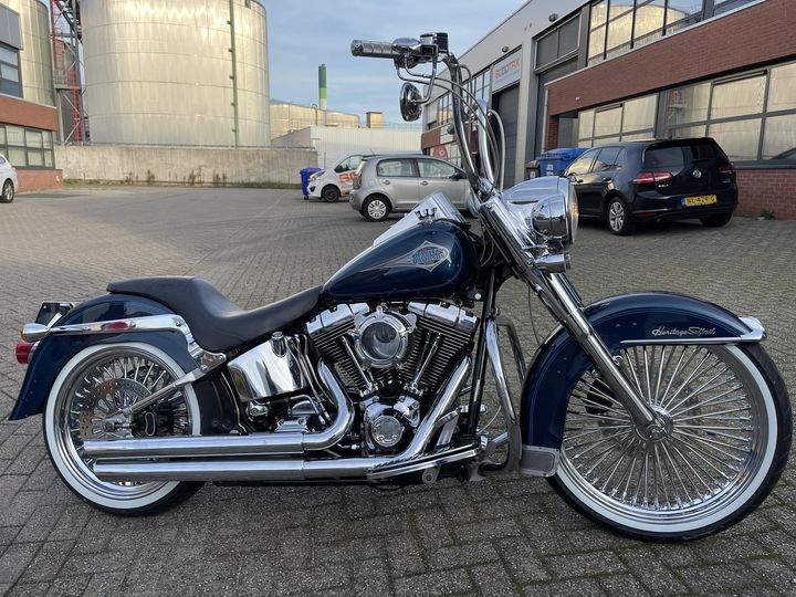 Harley-Davidson Heritage Softail with 21 inch DNA Mammoth 52-spoke front wheel and 18 inch rear wheel in chrome